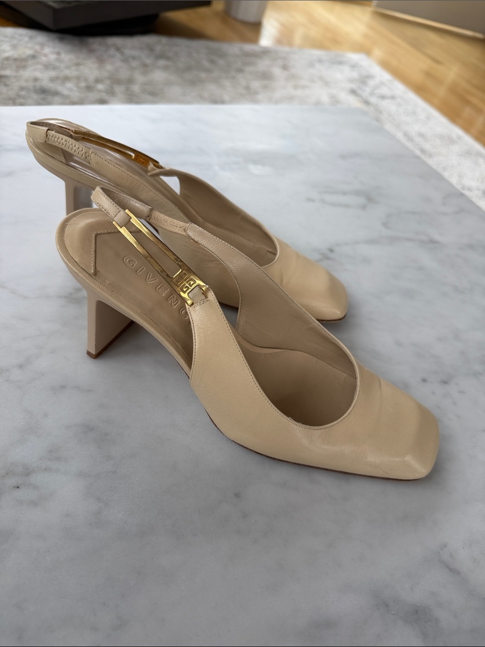 Givenchy Nude Leather Slingback Heels with Gold Accent